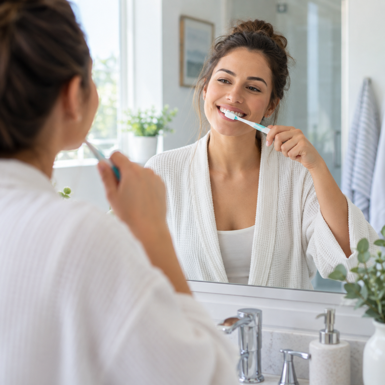Person smiling in the mirror and brushing gently after dental bonding