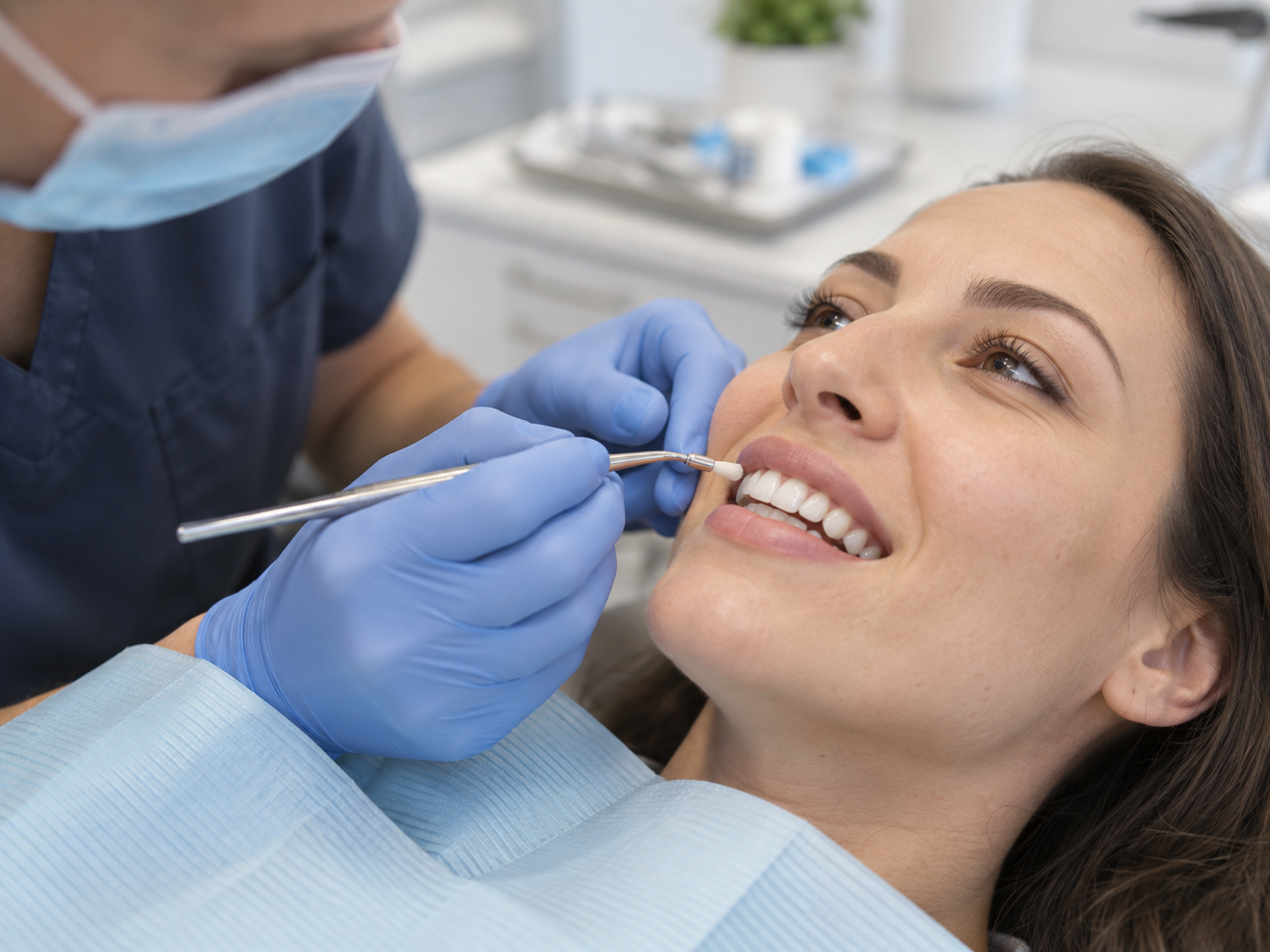Cosmetic dentist applying tooth-colored bonding resin to a front tooth in Beverly, Chicago