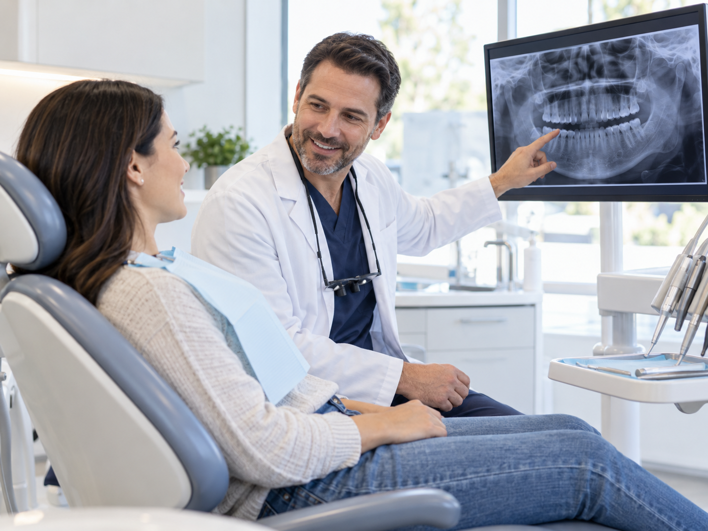 Dentist reviewing a dental X-ray with a relaxed patient before a tooth extraction in Beverly, Chicago