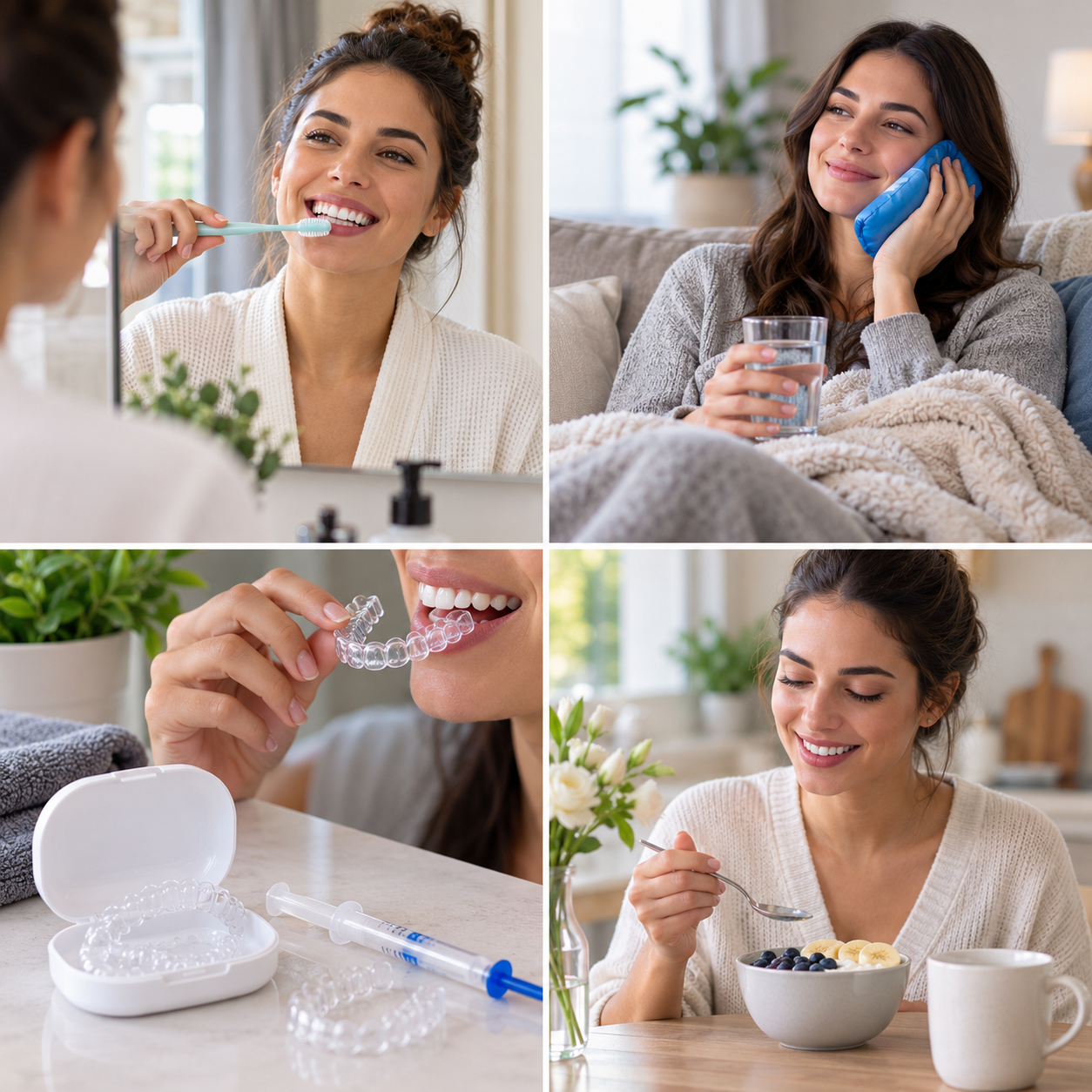 Patient brushing gently and eating a light meal after a dental filling