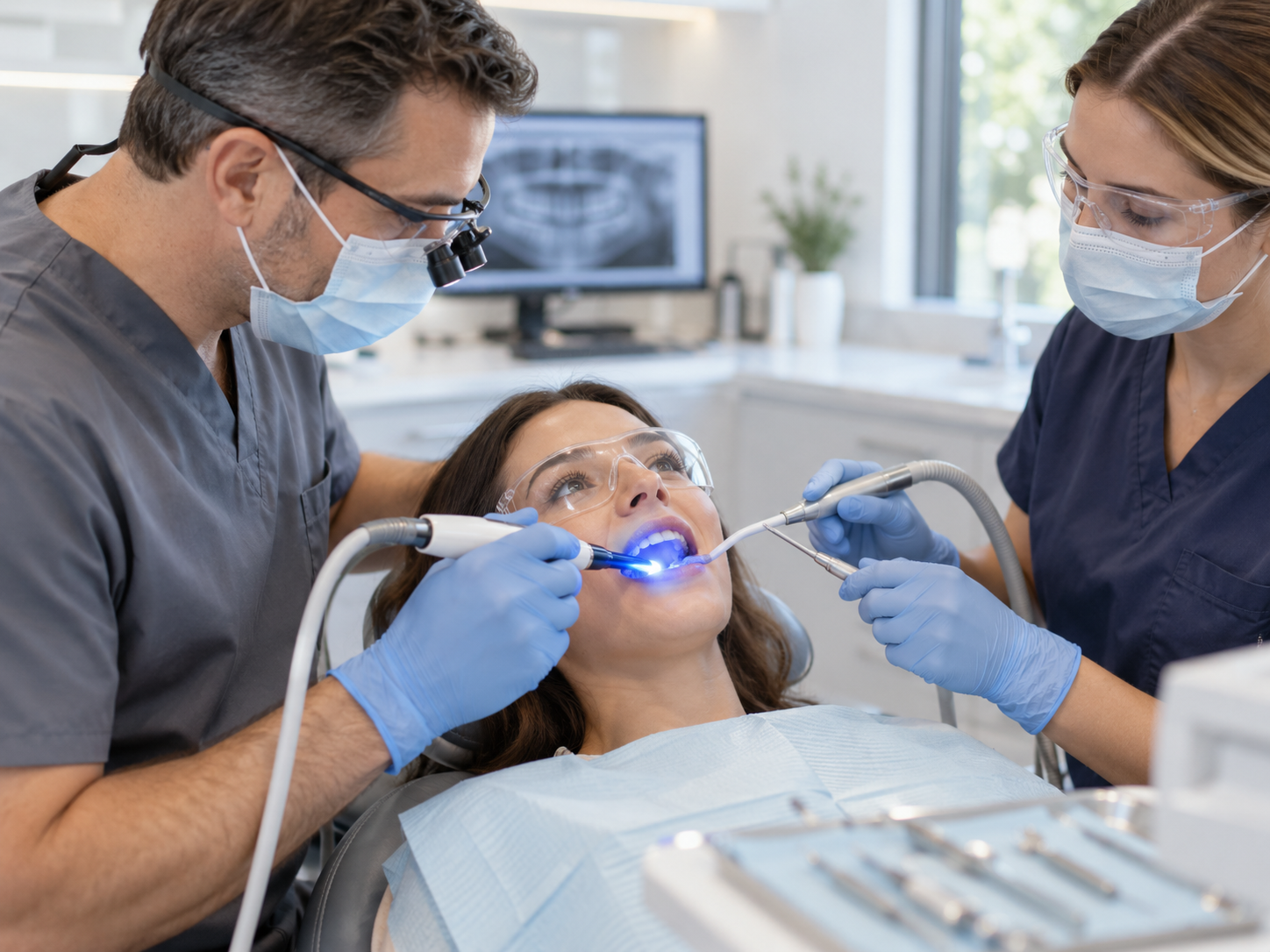 Dentist placing a tooth-colored filling with a curing light at More Smiles of Beverly in Chicago