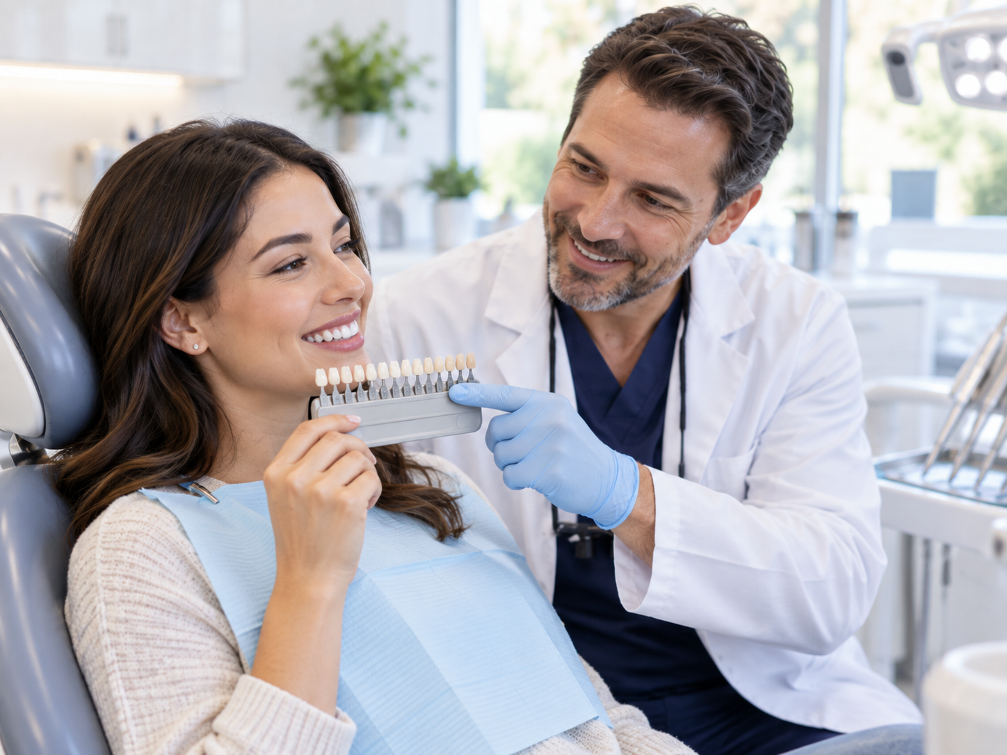 Dentist comparing a tooth shade guide to a patient's smile before teeth whitening in Beverly, Chicago